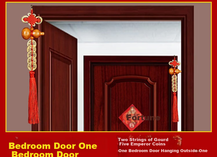 Feng Shui Pavilion Five Emperor Coins Door-to-Door Hanging Peach Wood Gourd Copper Coin Decoration for Main Door Bedroom Bathroom 5