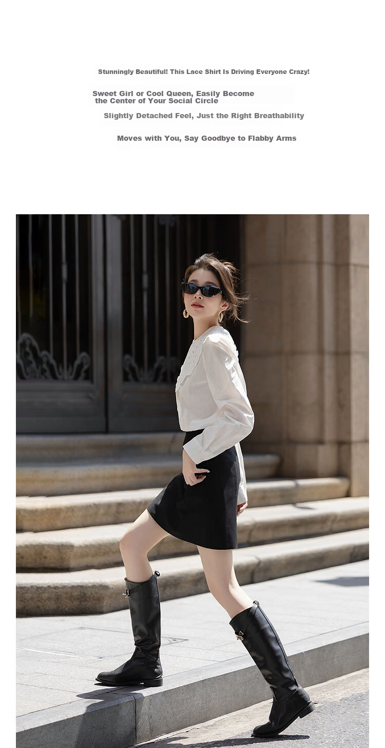 Demana [Le Enjoy Pure Cotton] Spring and Autumn Irregular Layered Lace Splice Round Neck Loose Blouse Women's Shirt Top 3