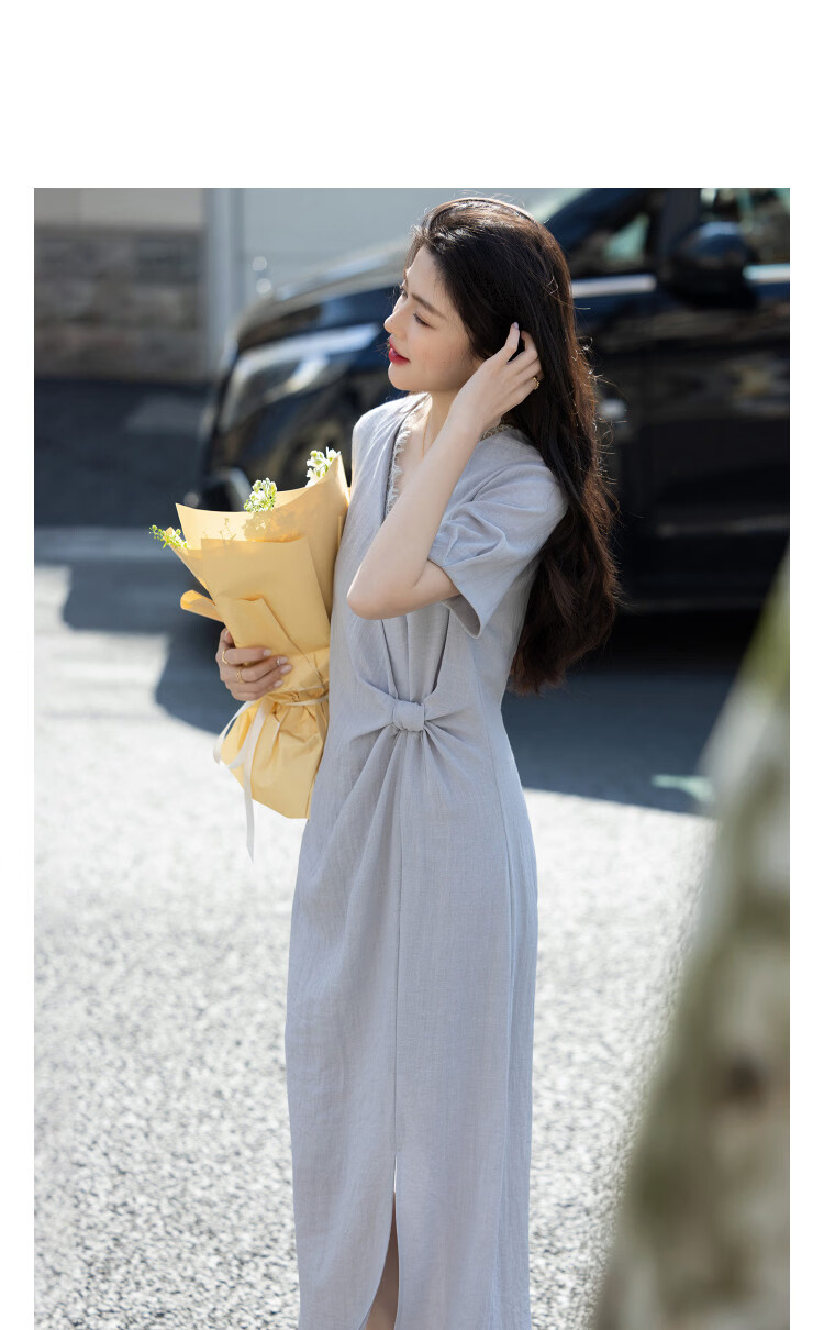 Demana [South France Holiday] Summer Elegant Lace V-Neck Twist Waist Slim Fit Petite Dress for Women Premium Quality 11