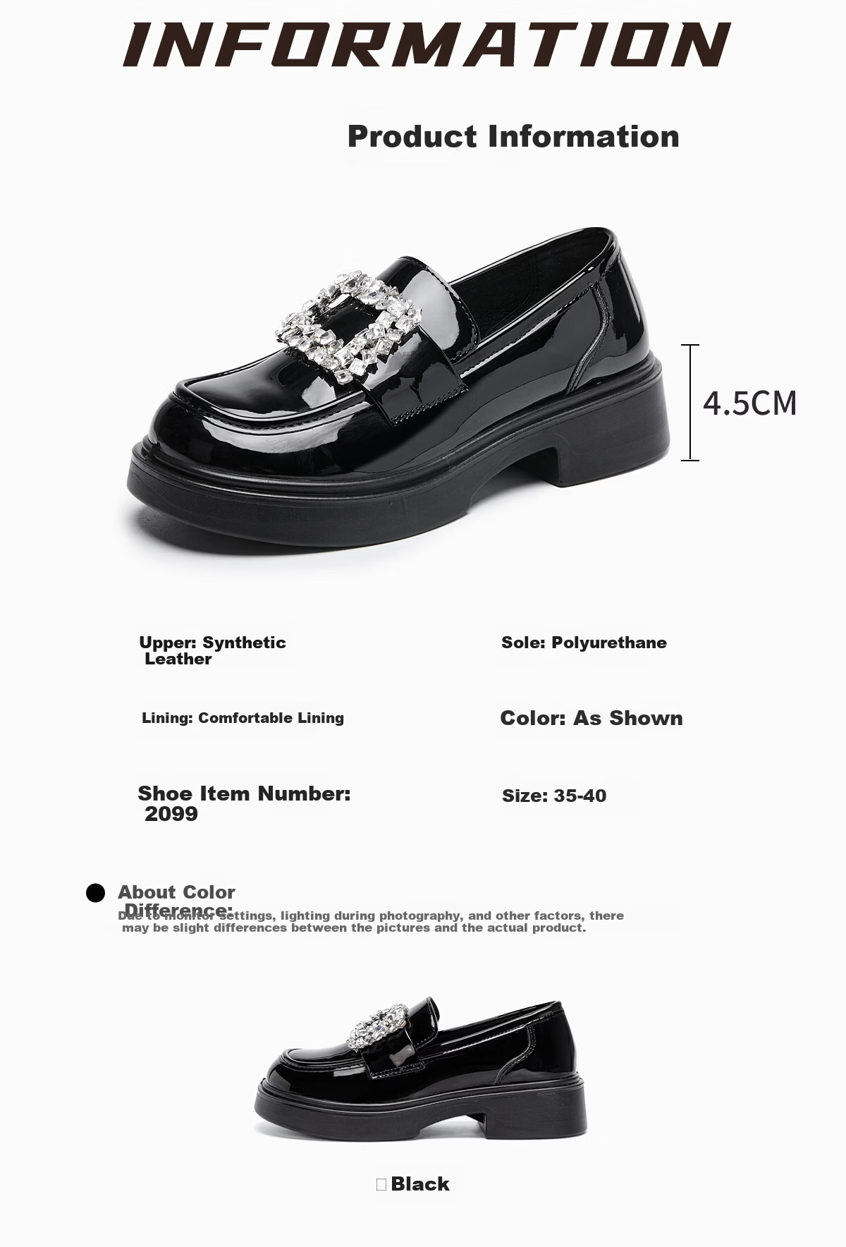 Huili Thick-Soled Loafers for Women, New Spring Style, Super Popular French Hepburn Shiny Mary Jane Leather Shoes, Black, Size 39 8