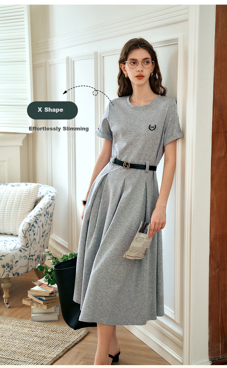 Olrain Eurie Knit Dress Women's Summer Commuter College Style Casual Waist Slimming Long Dress Light Gray S 5