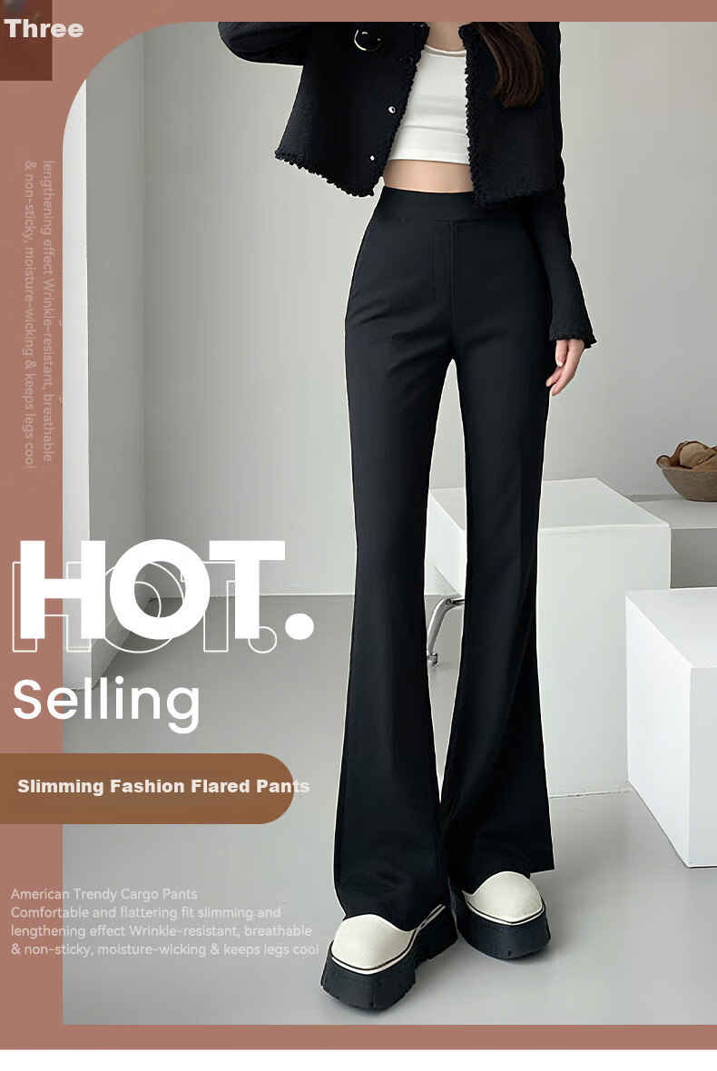 FitonTon Women's Spring Summer High Waist Slimming Flared Pants Elastic Waist Trousers Casual Black Bell Bottoms 1