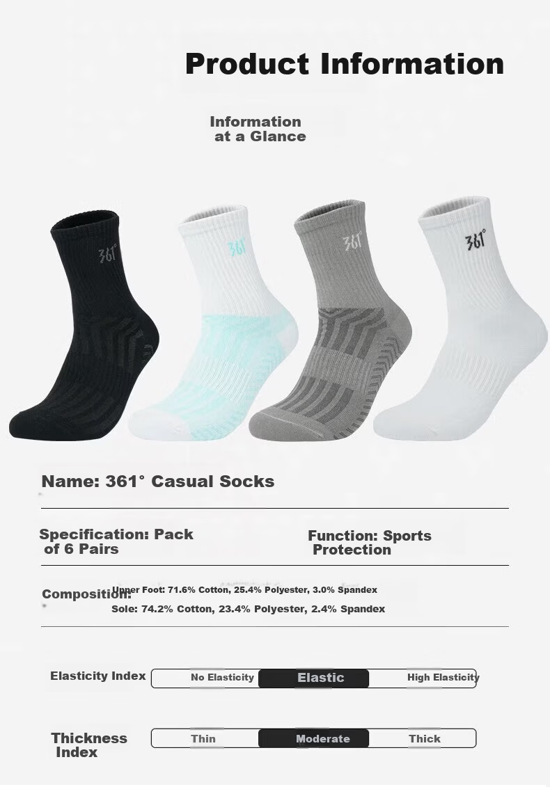 361° Authentic Unisex Spring Summer Sweat-Absorbing Breathable Mid-Calf Socks Men's Odor-Resistant Sports Long Socks Gray - 6 Pairs One Size 18