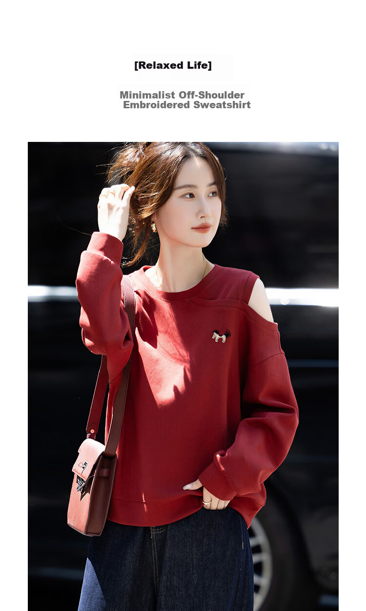 Demana [Relaxed Life] Autumn Simple Style Cloud Oxygen Cotton Off-Shoulder Embroidered Loose Fit Petite Elegant Sweatshirt for Women 1