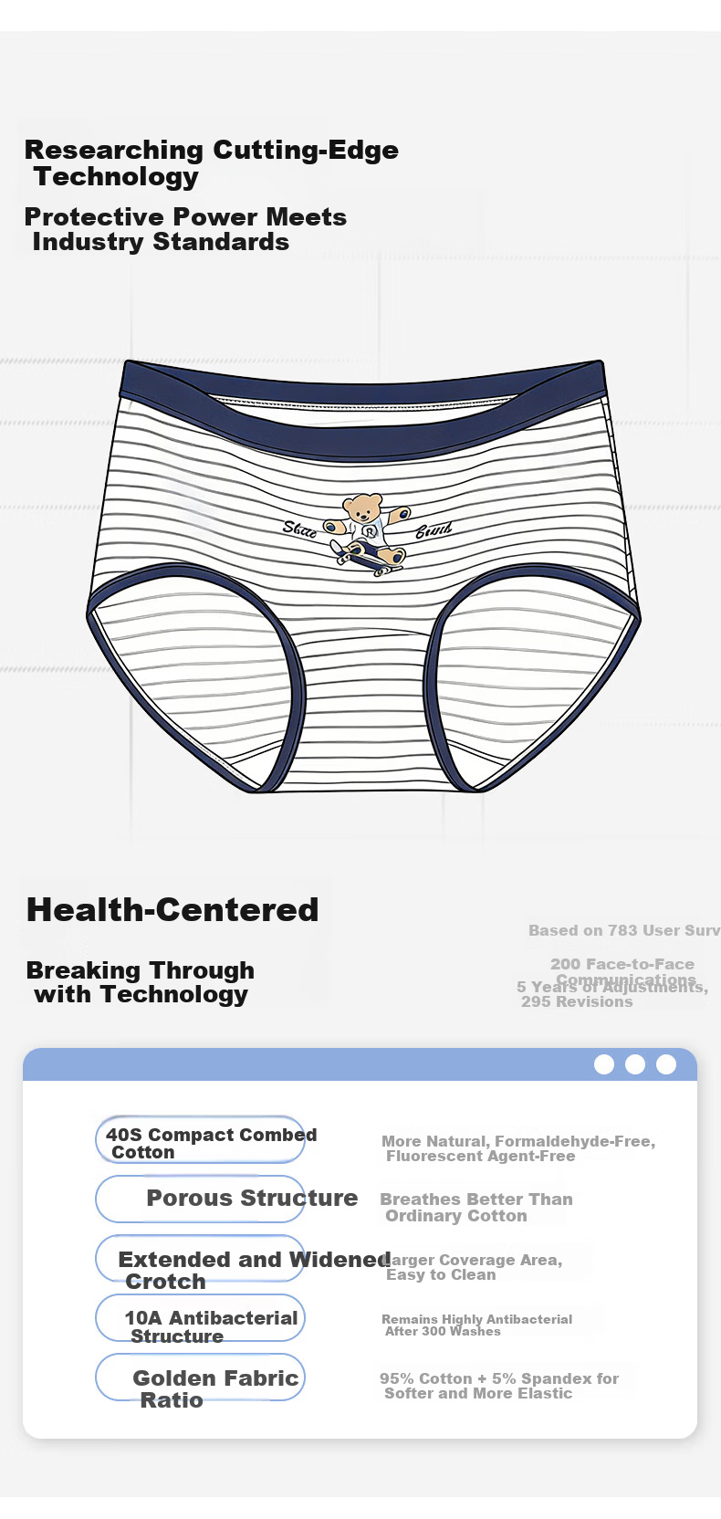UFEEL Cotton Gusset Bear Print Girls' Underwear 2XL 140-160 Jin Striped Bear + Light Heather Gray + Polka Dot Bear 3-Pack 4