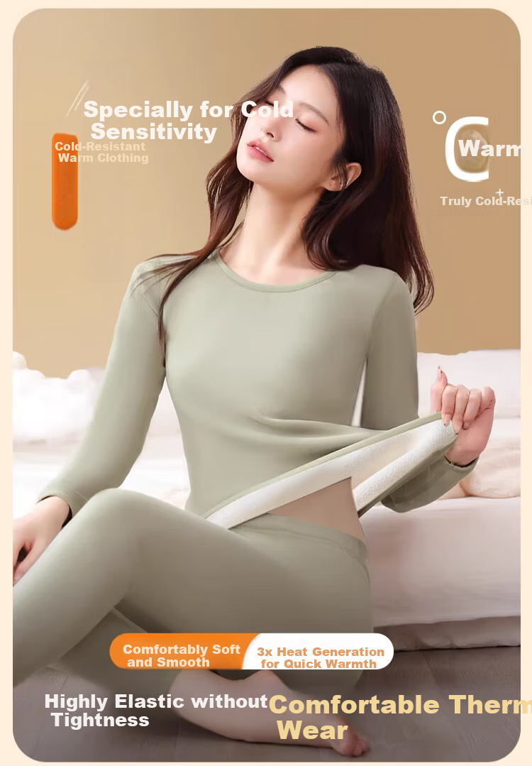 Langsha Youth Thermal Underwear Women Fleece Thickened Winter 10A Antibacterial Heating Lambswool Autumn Shirt and Pants Set 7