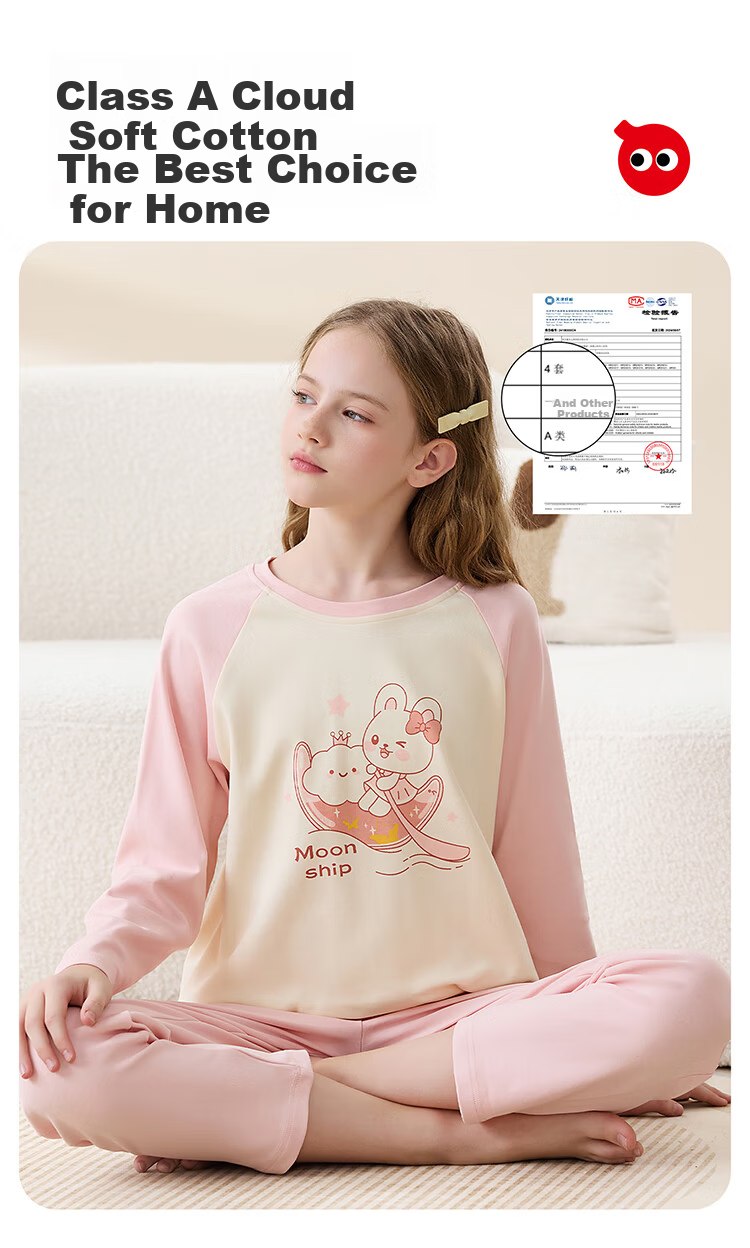 Hodo Children's Pajamas, Spring And Summer Style, Pure Cotton, Antibacterial, Anti-Mite, Round Neck, Girls' Loungewear, for Older Children, Long-Sleeve, Long-Style Set 6