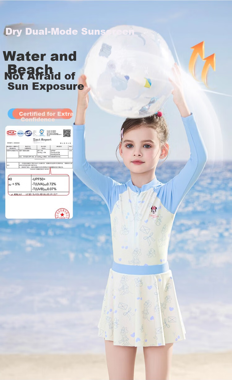 Disney Kids Girls' Swimsuit Long Sleeve Sunscreen One-Piece Swimwear for Ages 6-12 D35363 Blue Size 130 3