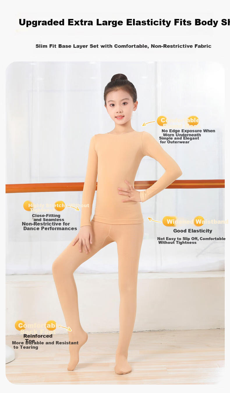 Guniya Children's Dancewear Base Shirt Skin Color Warm Thin Fleece Practice Suit White Set S 5