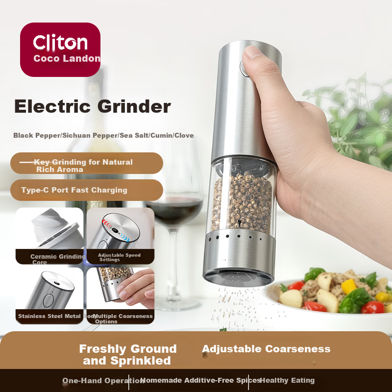 CLITON Electric Pepper Grinder Household Adjustable Spice Grinder Electric Mill for Sichuan Pepper Sea Salt Kitchen Pepper Powder Grinder Bottle Jar