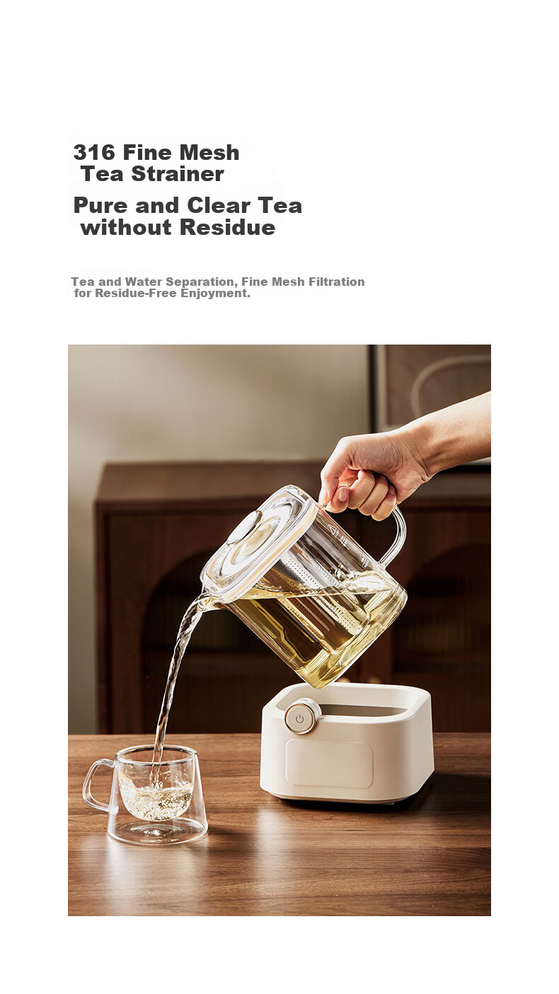 BASSENS Small Square Glass Health Pot 1.2L High-Quality Tea Kettle Health Water Boiler Electric Ceramic Stove Constant Temperature Kettle Tea Maker with Filter And Tea Strainer 19