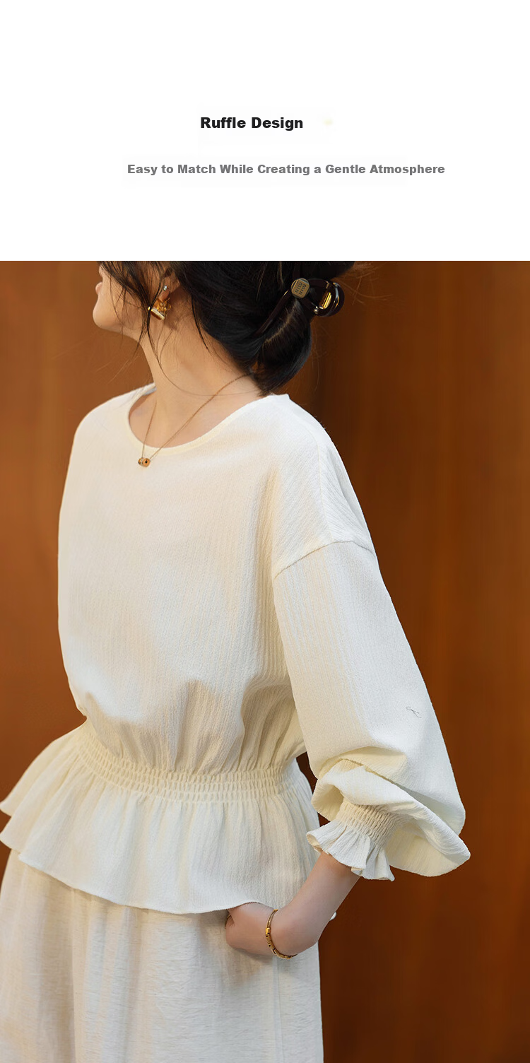 Demana Gentle Narrative Spring French Ruffle Hem Elastic Waist Shirt Round Neck Petite Blouse Women's Top 4