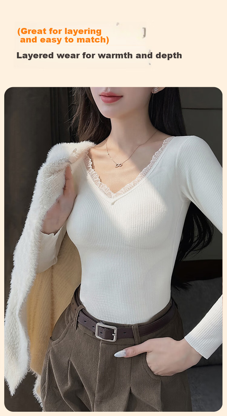 Langsha Women's Thermal Underwear with Chest Pad Autumn Winter Heating Cashmere Silk Seamless 10A Antibacterial Thickened Lace V-Neck Base Shirt 14