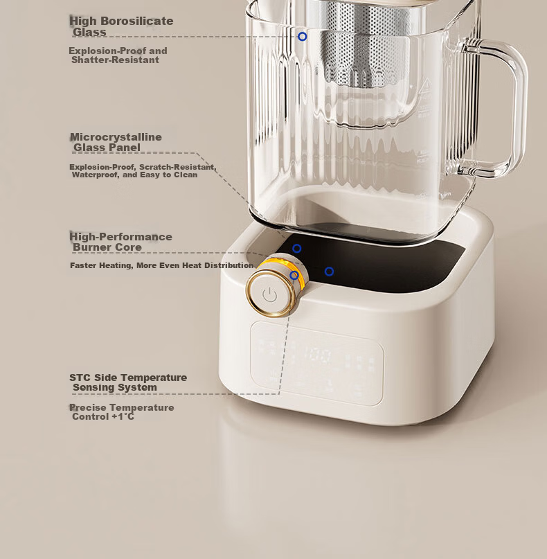 BASSENS Small Square Glass Health Pot 1.2L High-Quality Tea Kettle Health Water Boiler Electric Ceramic Stove Constant Temperature Kettle Tea Maker with Filter And Tea Strainer 33