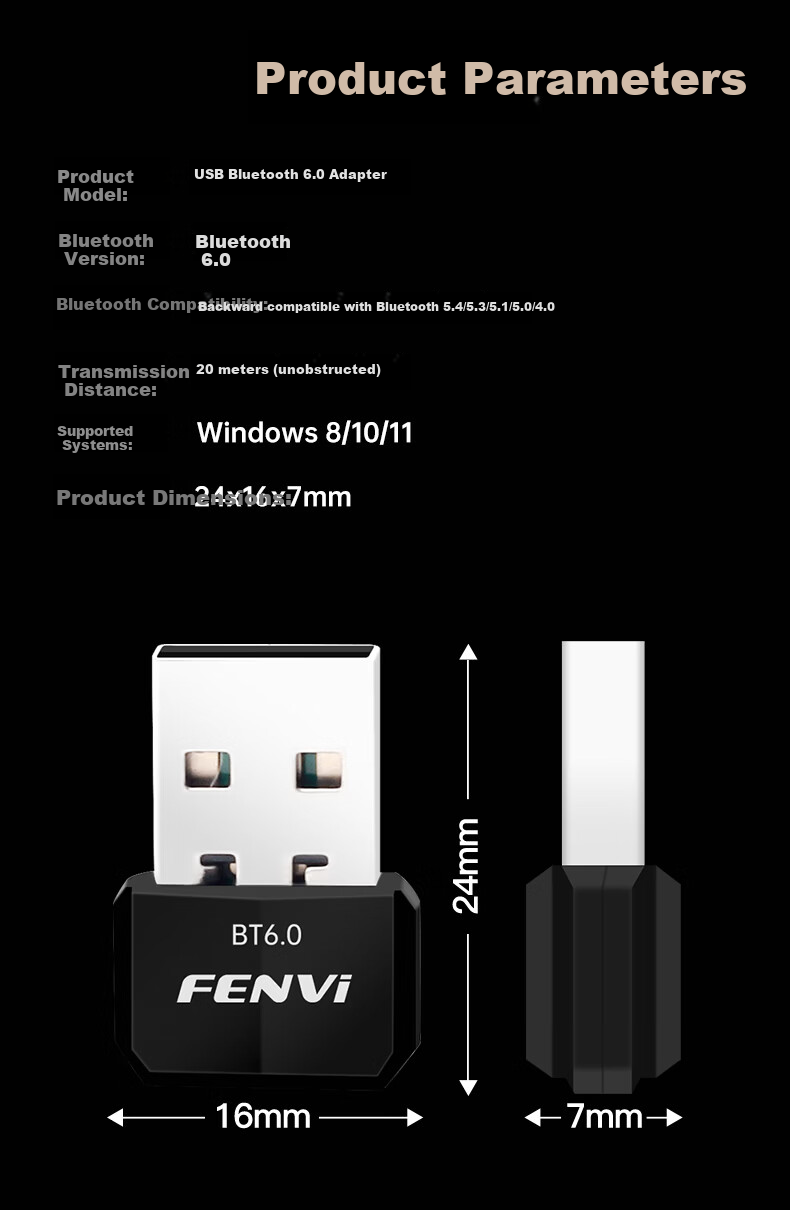 Fenvi USB Bluetooth 6.0 Adapter Driver-Free Bluetooth 6.0 Receiver for Desktop PC Bluetooth Module Wireless Keyboard Mouse Speaker Headset Game Controller Connection 9