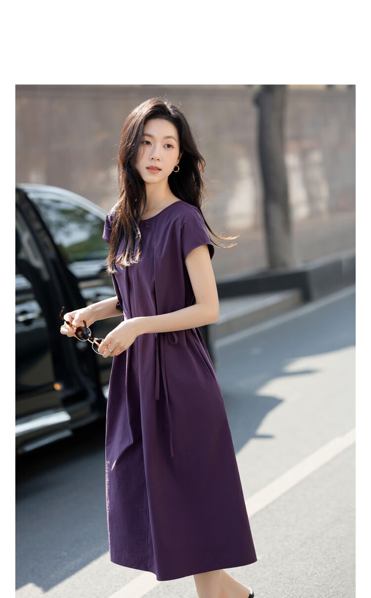 Demana [Black Technology] Summer Sorona Round Neck Cap Sleeve Belted Loose Slim Dress for Women High-End Feel 17