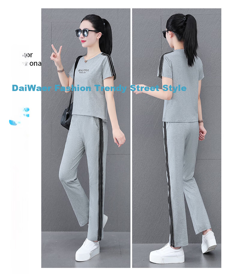 Woodpecker Pure Cotton Women's Summer Sportswear Set Loose Short Sleeve Long Pants Middle-aged Mom Casual Two-piece Suit Royal Blue 4XL 6