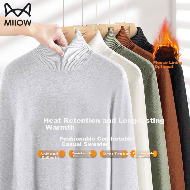 Miiow Men's Turtleneck Sweater Autumn Winter Casual Fleece Lined Thickened Warm Knitwear Business Versatile Pure Cotton Base Shirt