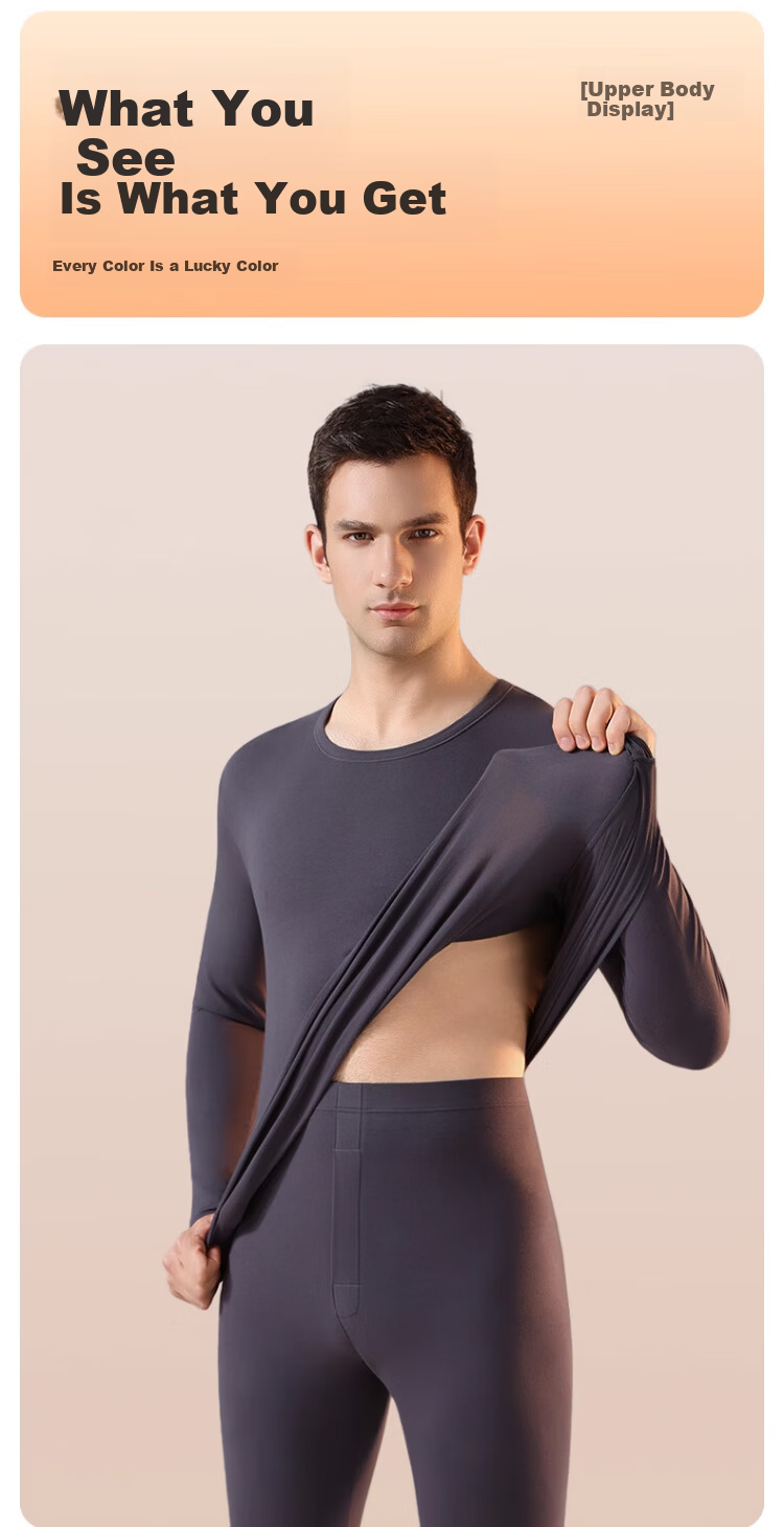 LangSha Men's Thermal Underwear Pure Cotton Set Antibacterial Mite-Resistant Heating Autumn Winter Crew Neck Base Layer Top and Bottom 16