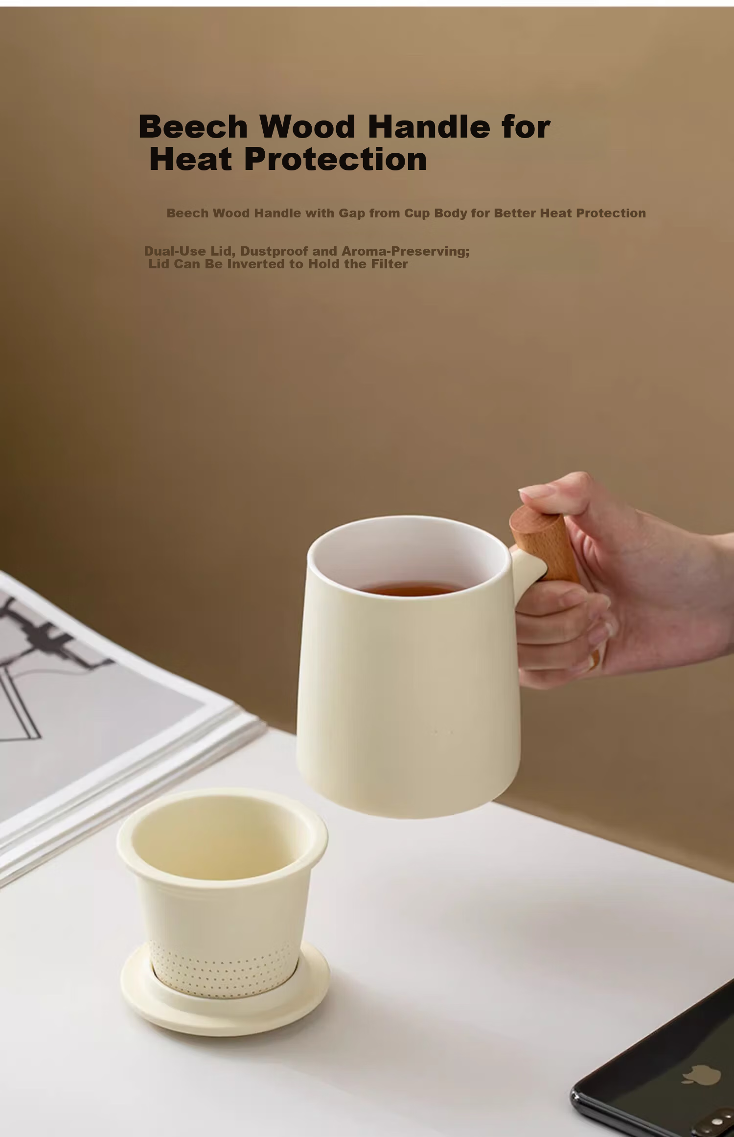 PINYU Mutton Fat Jade Tea Cup with Lid Ceramic Mug for Home Office High-End Tea Set White 370ml 12