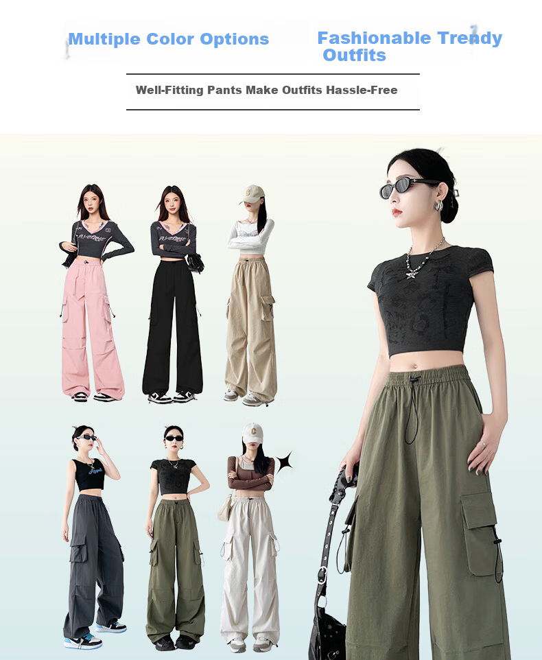 Langsha Women's Spring Summer Wide-Leg Cargo Pants American Style Hiking High-Waist Paratrooper Casual Street Dance Quick-Dry Sports Pants 15