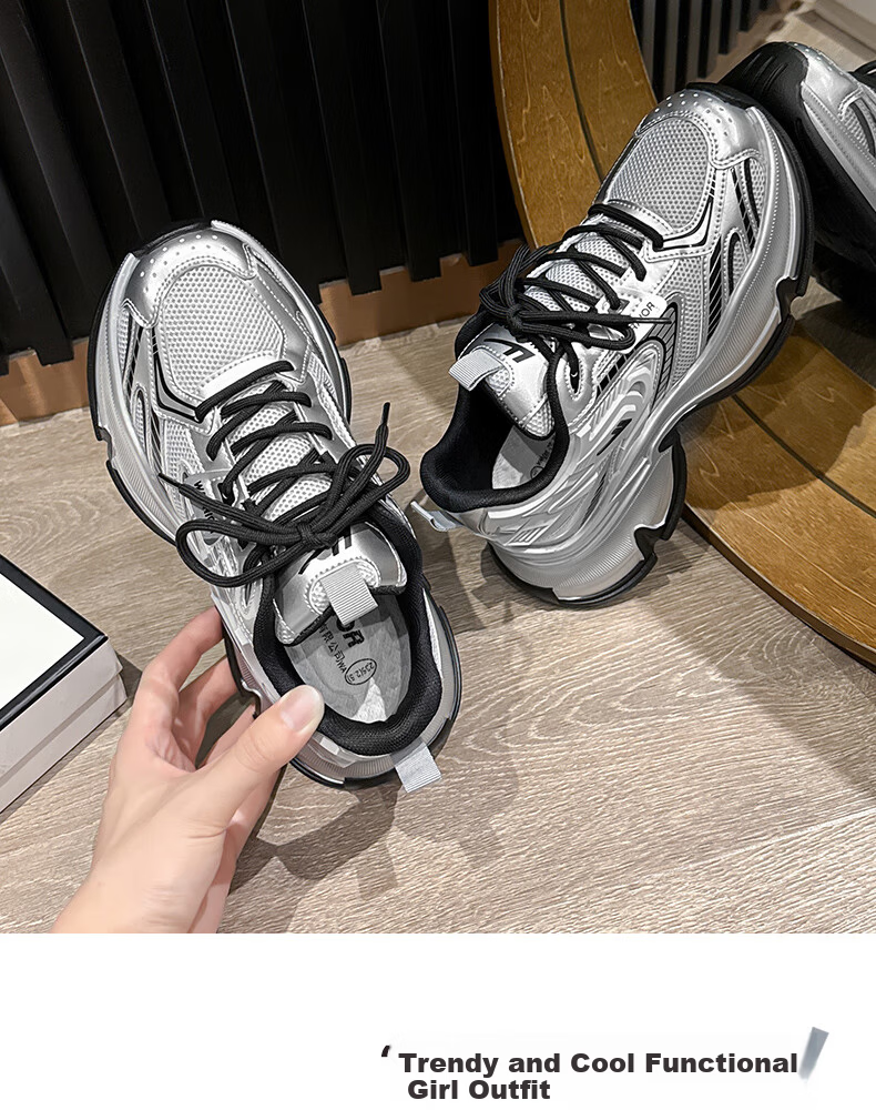 Warrior Women's 2026 Spring Mesh Thick-Soled Dad Sneakers Fashion Casual Shoes Black Silver Size 35 16