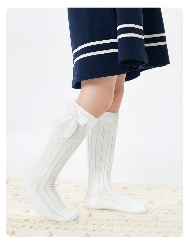 Balabala Girls' Summer Mesh Breathable Thin Mid-Calf Socks Sweet Bow Cotton Stretch 2 Pairs Set 7
