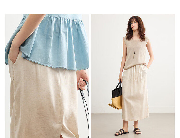 Demana [with Linen Lyocell] Summer Minimalist Commuter Split Drawstring Elastic Waist Slimming Mid-Length Skirt for Women 7