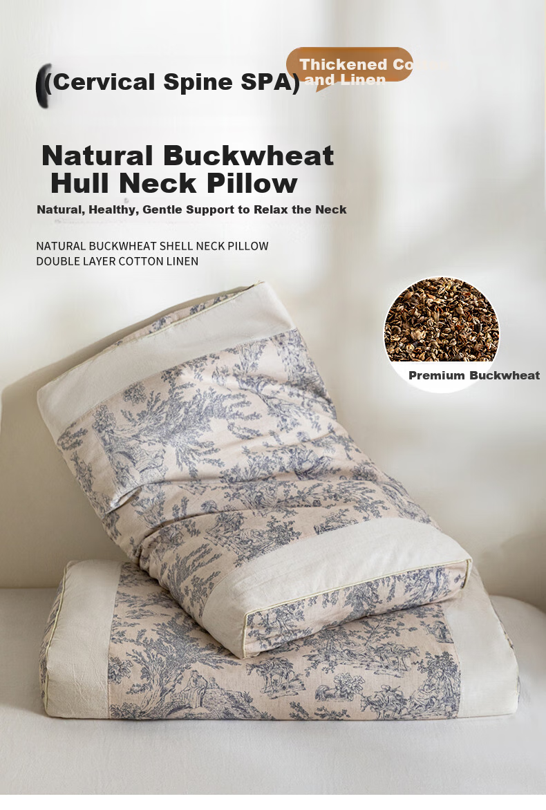 Grace Natural Buckwheat Husk Pillow Chinese Style Cotton Linen Buckwheat Pillow Cervical Pillow 35*55cm 1