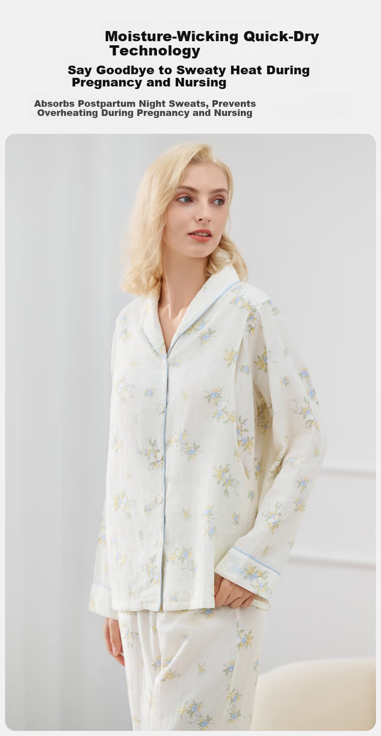 Ying's Maternity Postpartum Set Autumn New 10A Antibacterial Double-Layer Cotton Gauze Nursing Pajamas Homewear Set Pink L 7