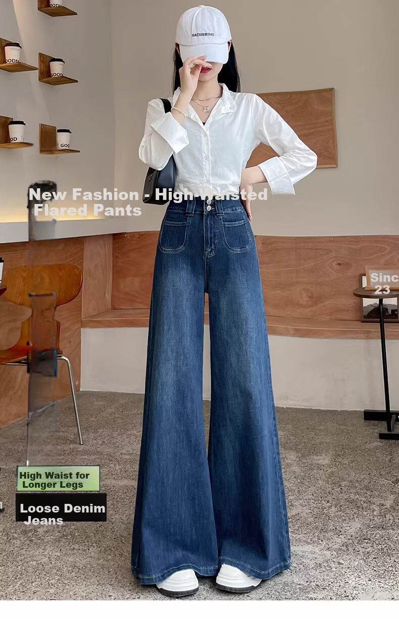 Langsha Women's Jeans 2026 New Retro High-Waist Wide-Leg Pants Slimming Double-Button Straight Micro-Flare Trousers for Petite 1