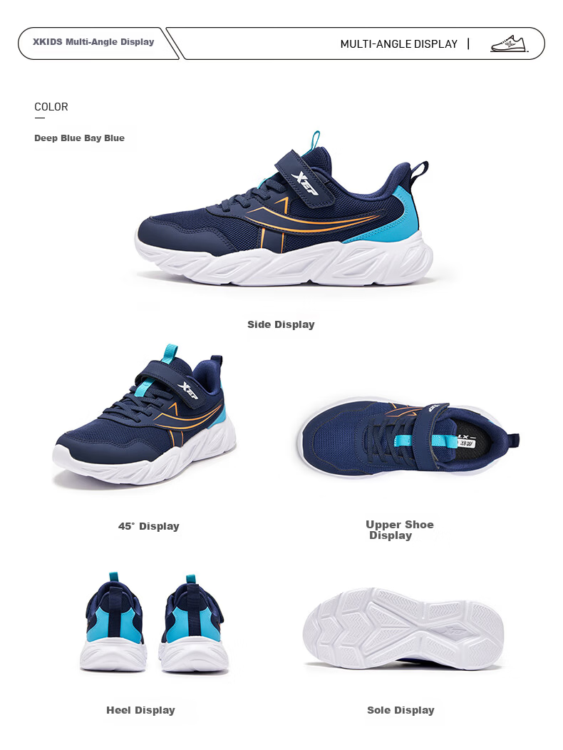 XTEP Kids Running Shoes Children's Mesh Velcro Sports Shoes Deep Blue/Bay Blue/Fluorescent Bright Orange Size 38 22