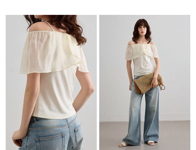 Demana [with Lyocell] Summer Sweet Style Patchwork Ruffle Spaghetti Strap Sleeveless Slim Fit Elegant Slimming Women's T-Shirt 8