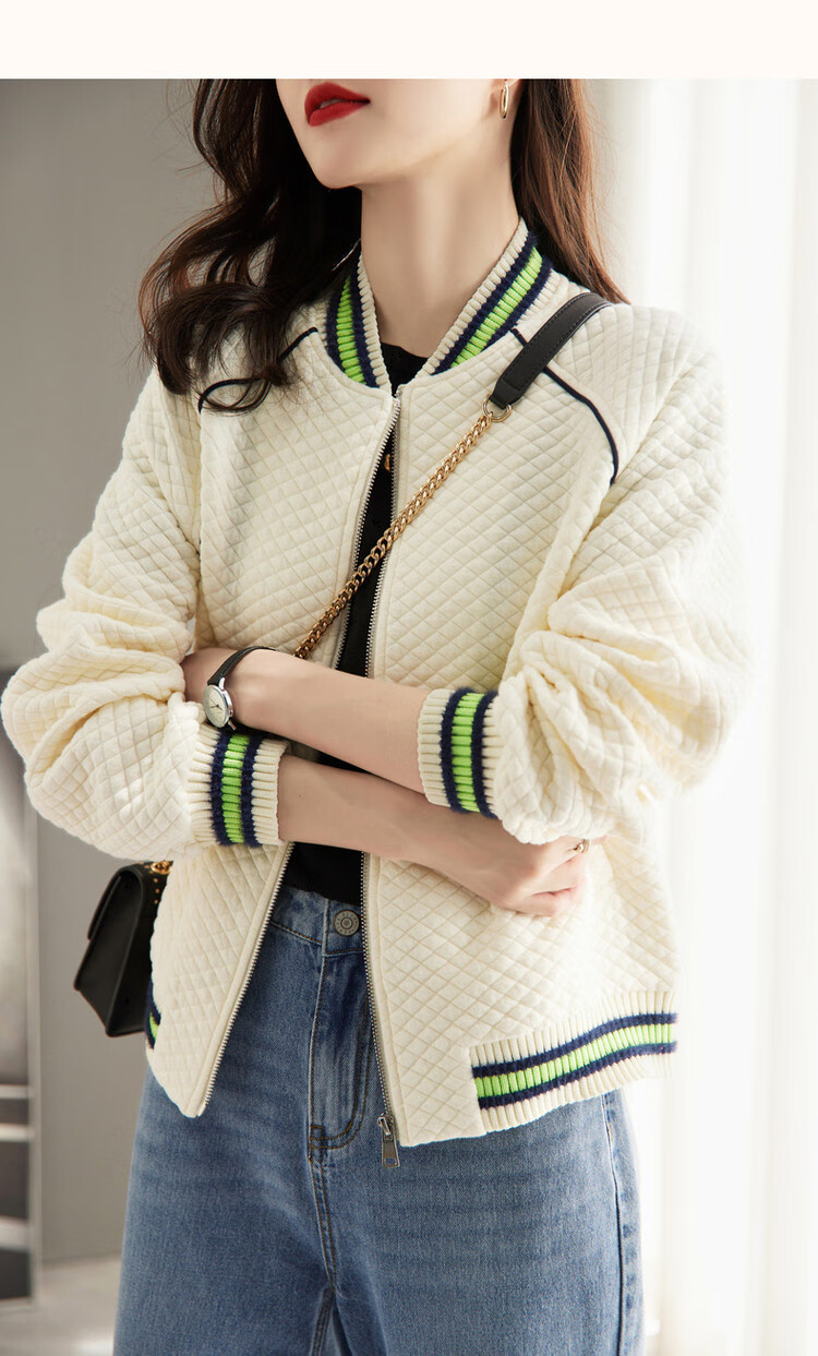 Dme Knitted Chanel-Style Spring And Autumn Baseball Collar Long-Sleeve Zipper Slightly Stretchy Quilted Jacket for Women, Short Style, Off-White, M 15