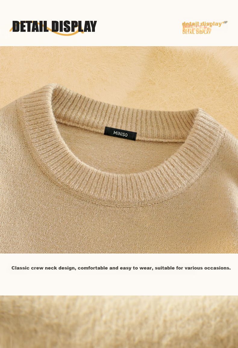 MINISO Men's Fleece-Lined Sweater Winter Warmth Integrated Fleece 2025 New Round Neck Knitwear Off-White XL 25