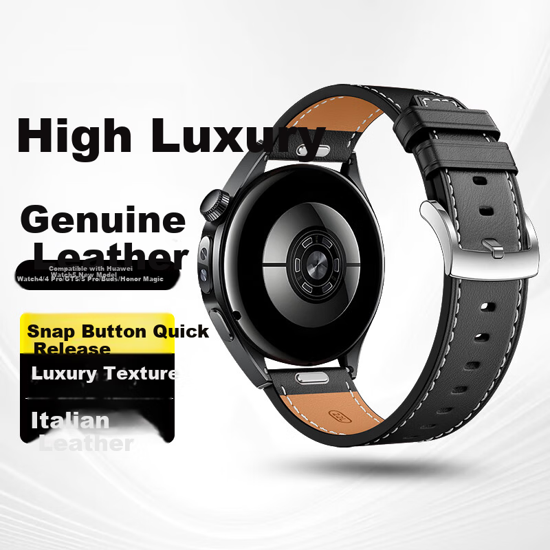 Binghong Genuine Leather Strap for Huawei GT3 GT3 Pro Watch, Unisex, 42mm Quick Release Press Buckle, Black 20mm