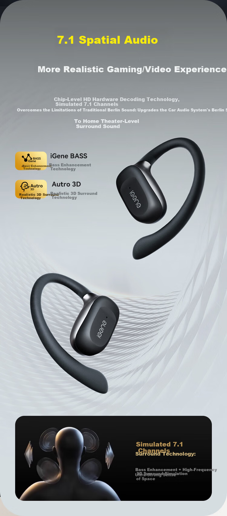 IGene 2026 New 6.0 Bluetooth Bone Conduction Earphones Open-Ear Wireless Sports Running Long Battery Life Compatible with Apple Huawei Xiaomi 5