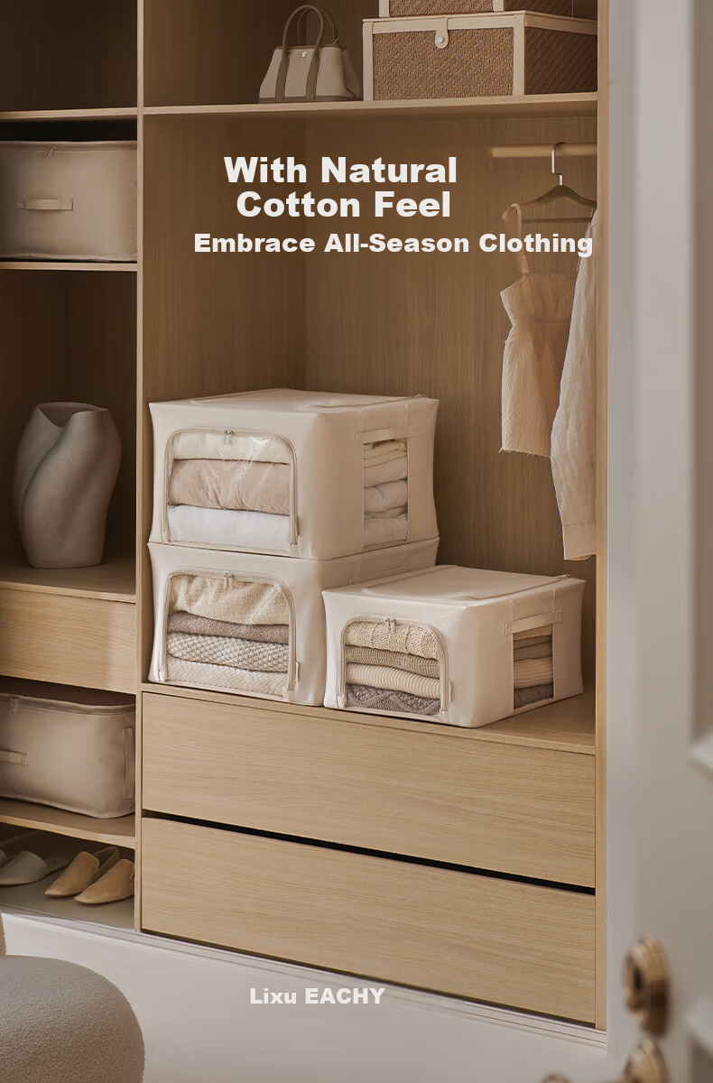 EACHY Storage Box Cotton Quilt Pure Cotton Fabric Organizer Toy Storage Bin Foldable Apricot 108L 2