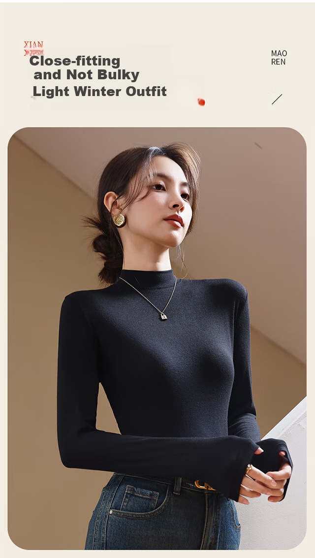 XUEXIMAN Women's Turtleneck Fleece-Lined Thickened Double-Sided Velvet Thermal Layered Top for Autumn and Winter 4