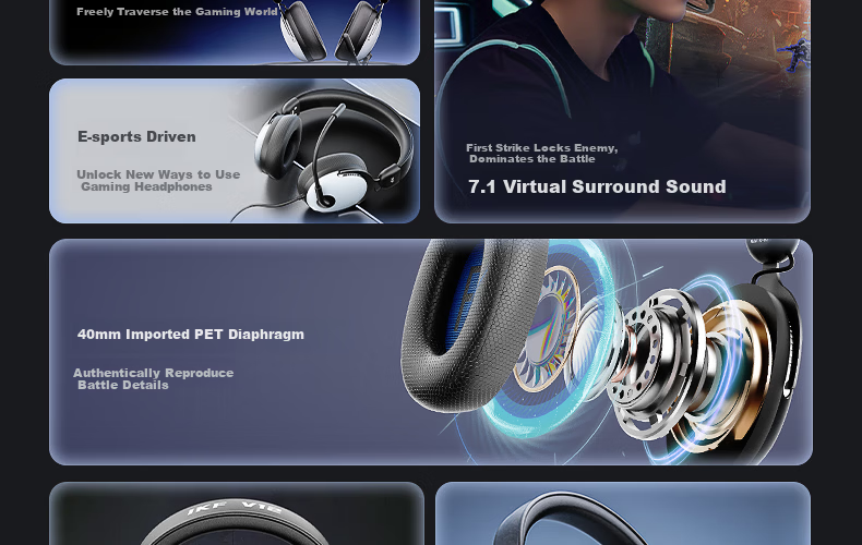 IKF V12 USB Sound Card Edition Gaming Headset Over-Ear Esports Headphones Wired FPS Exclusive Tuning 7.1 Surround Sound Microphone Valorant Delta Black Gray 7