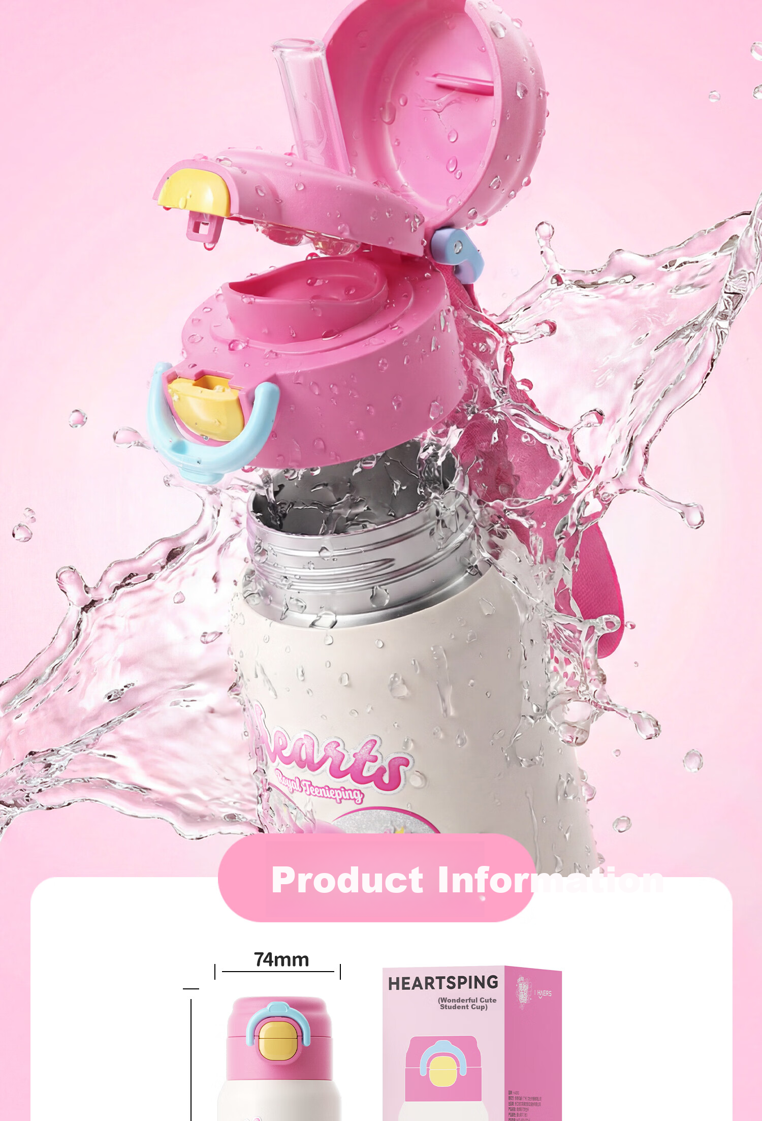 HAERS Cute Kids Insulated Straw Water Bottle Portable School Cup for Girls Pink 600ml 12