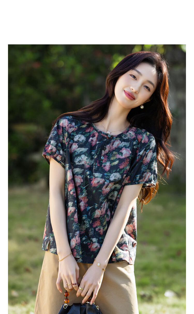 Demana Oxygen Pure Cotton Summer Vintage Oil Painting Print Lightweight Loose Slim Fit Petite T-Shirt for Women Premium Feel 7
