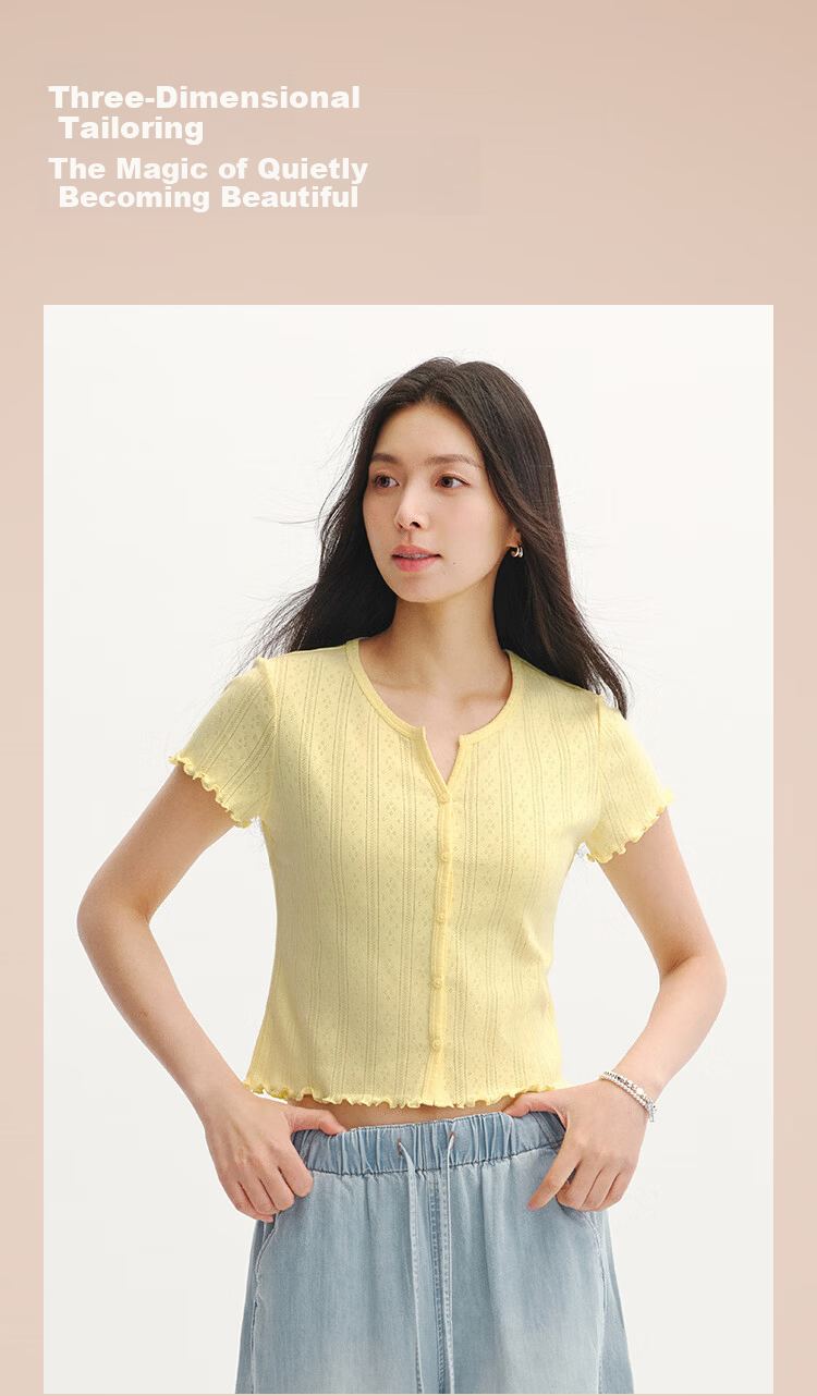 Semir Women's Summer Short Sleeve T-Shirt Short Hollow Textured Slim Fit Cotton Ruffled Edge 2026 Cardigan 109326100008 4