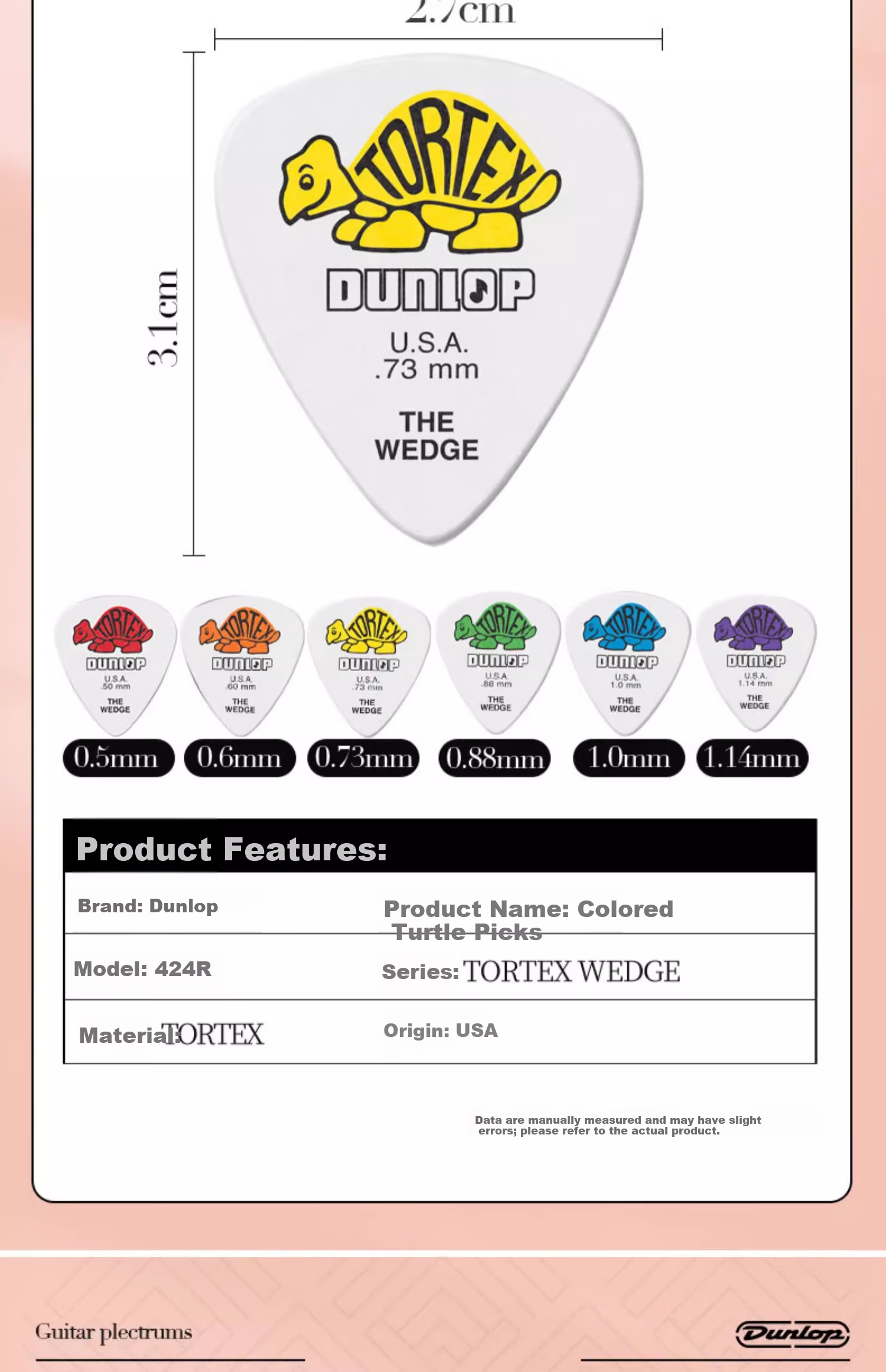 DUNLOP Colored Little Turtle Guitar Picks, Acoustic Folk String Skimming Quick Play, 424R Series, 6 Picks with Varying Thickness 16