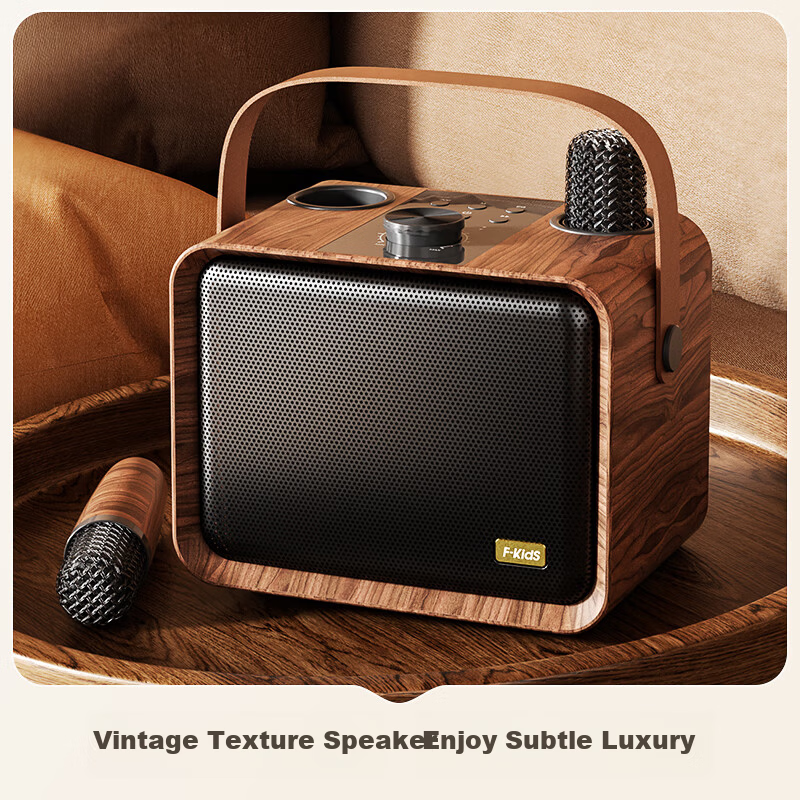 IKF M1 Wireless Karaoke Microphone Speaker All-in-One Home KTV Outdoor Bluetooth Speaker Wood Grain Brown