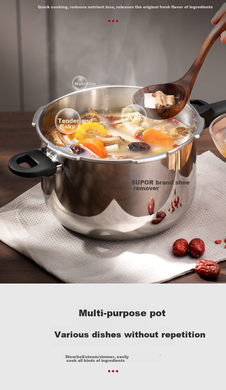 SUPOR Pressure Cooker 304 Stainless Steel Thickened Explosion-Proof Safe Large Capacity 22cm Pressure Cooker for Gas and Induction Cookers 6
