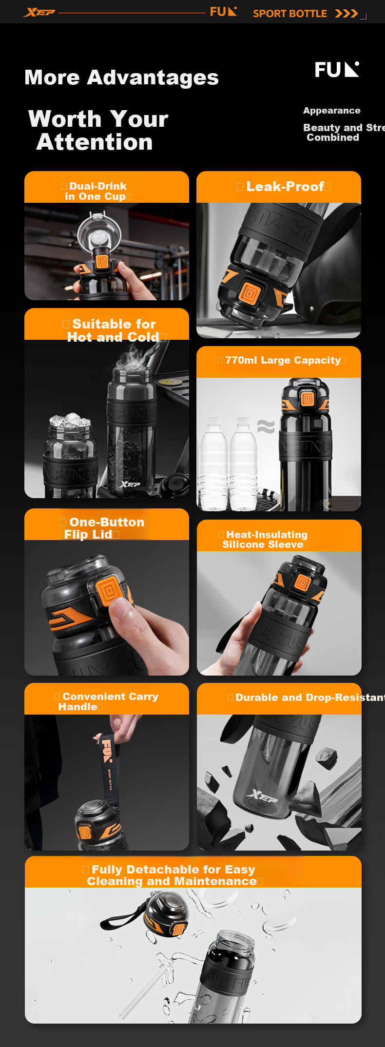 XTEP Sports Water Bottle, Large Capacity, for Students And Children, School Use, Suitable for Men And Women, Fitness Portable Cup, Heat-Resistant, Summer Cup, Black 3