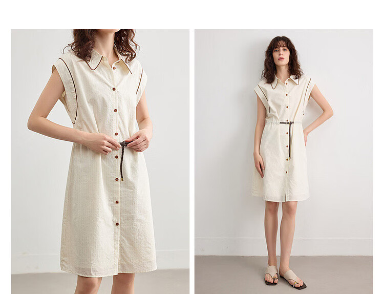 Demana [Comfort Oxygen Cotton Series] Summer Commuter Striped Color-Block Trim Polo Collar PU Belt Mid-Length Dress for Women 9