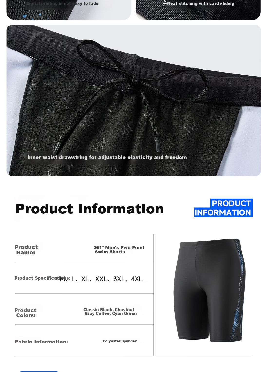 361° Men's Swim Trunks Large Size Long 5-Inch Professional Quick-Dry Chlorine-Resistant Swimwear 15