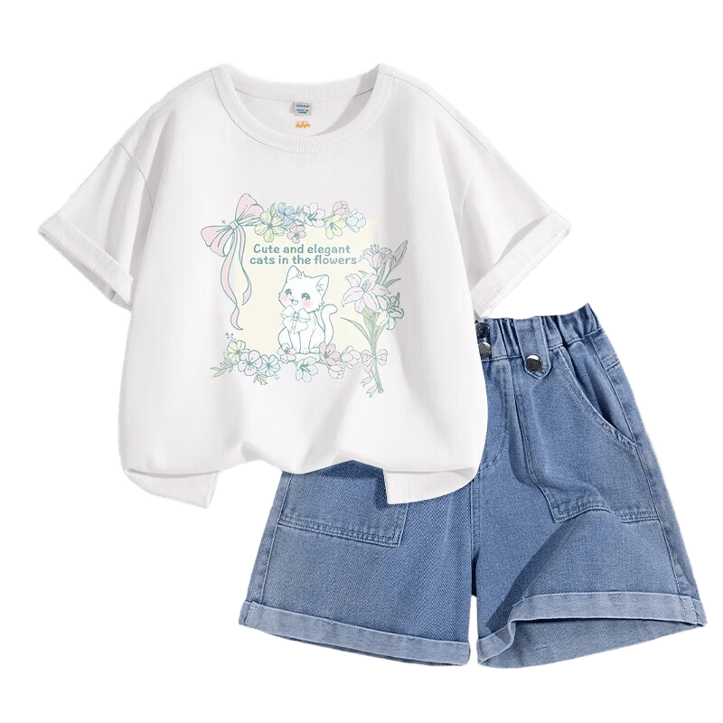 Baleno Girls' Outfit, Summer 2026 Style, Casual Fashion Short-Sleeve T-Shirt for Older Girls, Stylish Denim Shorts for Summer